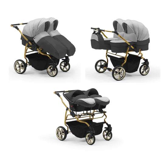 Carucior pentru gemeni Nativo Gemini 3 in 1 Gri deschis-Grafit/Gold latime 87 cm reversibil carucior-gemeni