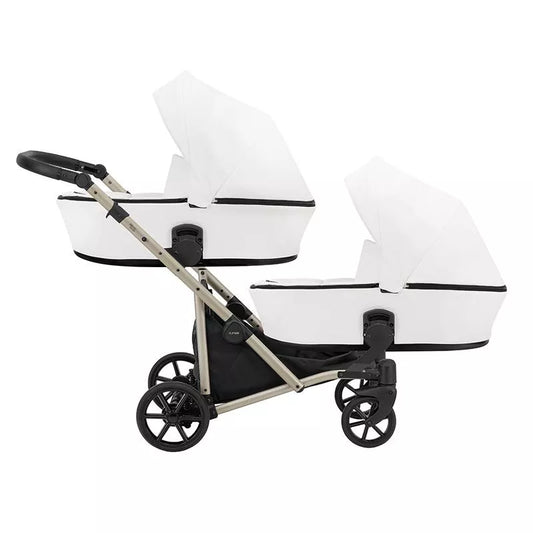 Cochecito gemelar Kunert Brav Duo 2 en 1, cuero ecológico, Blanco/chasis Champagne