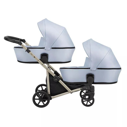 Cochecito gemelar Kunert Brav Duo 2 en 1, cuero ecológico, Baby Blue/chasis Champagne