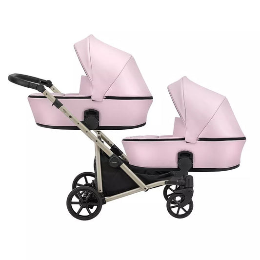 Cochecito para gemelos Kunert Brav Duo 2 en 1, cuero ecológico, rosa bebé/chasis champán