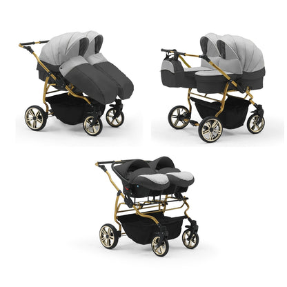 Carucior pentru gemeni Nativo Gemini 3 in 1 Gri deschis-Grafit/Gold latime 87 cm reversibil carucior-gemeni