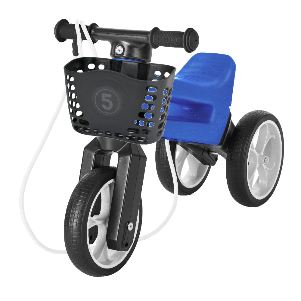 Bicicleta fara pedale Funny Wheels Rider SuperSport Blue Limited, cu cosulet pentru ghidon, 2 in 1, 18+ luni, pneuri si manere de cauciuc, 4 nivele de reglaj pe inaltime