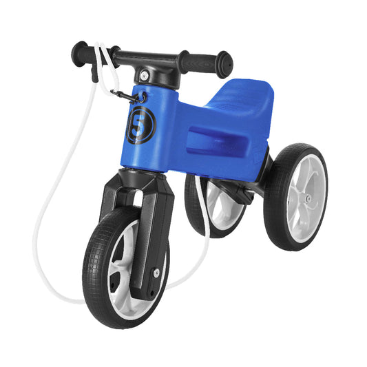Bicicleta fara pedale Funny Wheels Rider SuperSport Blue Limited, cu cosulet pentru ghidon, 2 in 1, 18+ luni, pneuri si manere de cauciuc, 4 nivele de reglaj pe inaltime