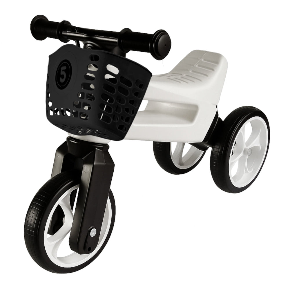 Bicicleta fara pedale cu cosulet pentru ghidon, 2 in 1, 18+ luni, pneuri si manere de cauciuc, 4 nivele de reglaj pe inaltime, Funny Wheels Rider SuperSport White Limited/Black