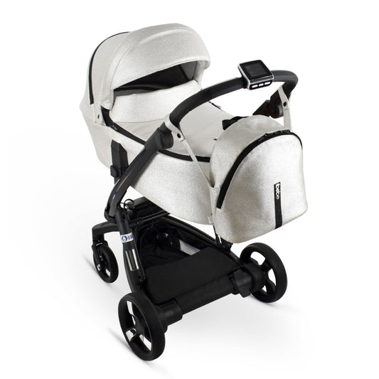 Carucior electric 2 in 1 Ibebe iSTOP & DRiVE FOLLOW ME Piele Ecologica Silver Shine, cu leganare automata, max. 22 Kg