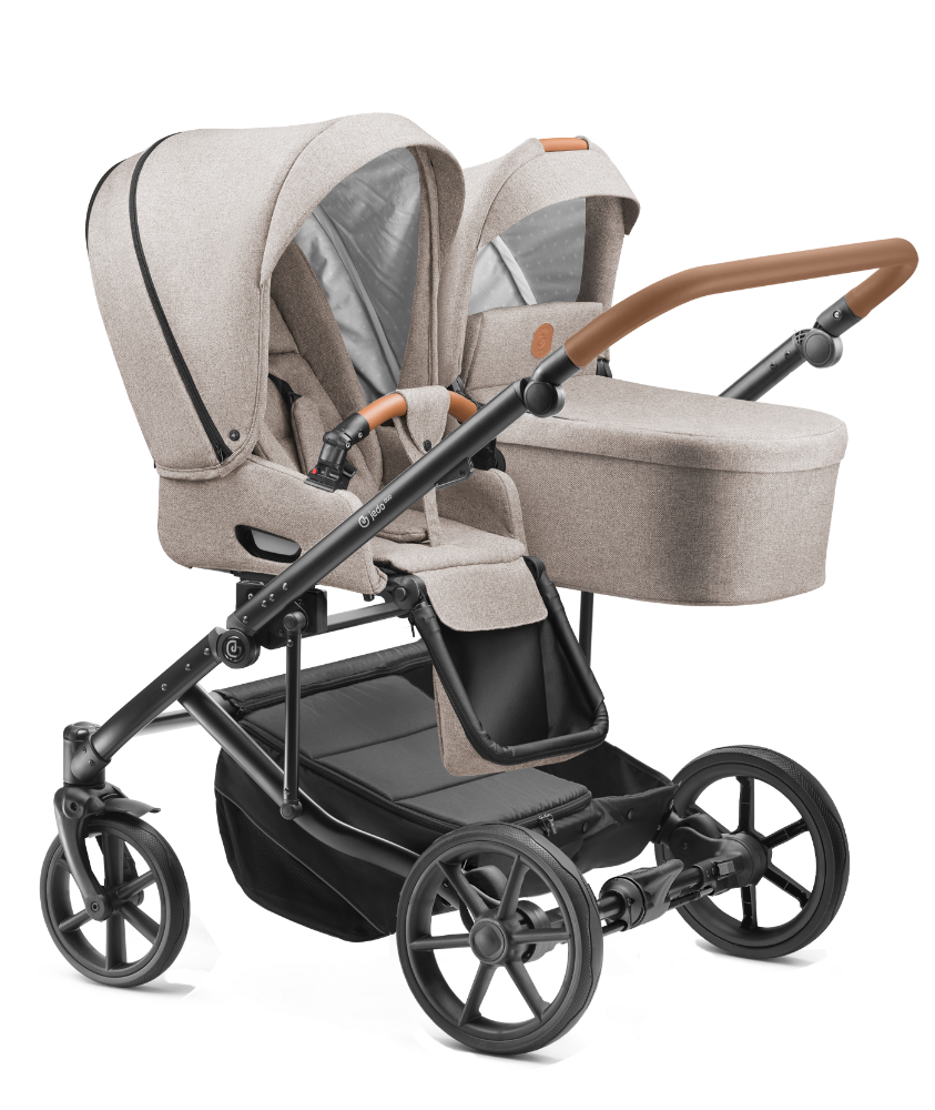 Carucior pentru gemeni 2 in 1 Jedo Duo Bej, side-by-side, reversibil, cadru de aluminiu, latime 80 cm