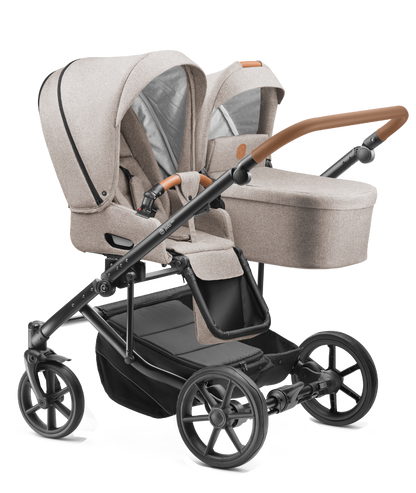 Carucior pentru gemeni 2 in 1 Jedo Duo Bej, side-by-side, reversibil, cadru de aluminiu, latime 80 cm