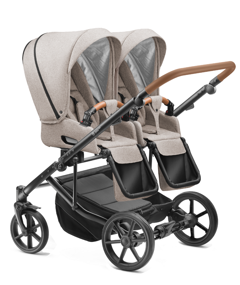 Carucior pentru gemeni 2 in 1 Jedo Duo Bej, side-by-side, reversibil, cadru de aluminiu, latime 80 cm