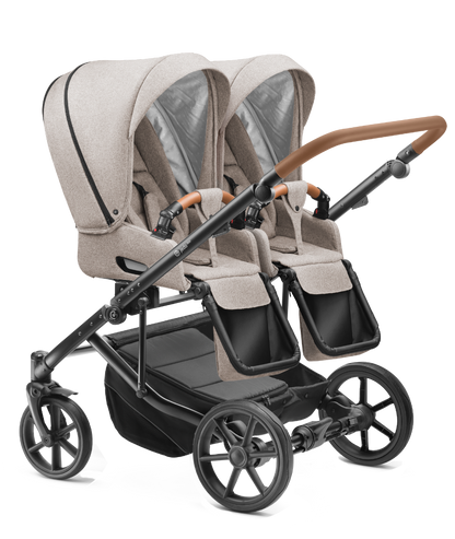 Carucior pentru gemeni 2 in 1 Jedo Duo Bej, side-by-side, reversibil, cadru de aluminiu, latime 80 cm