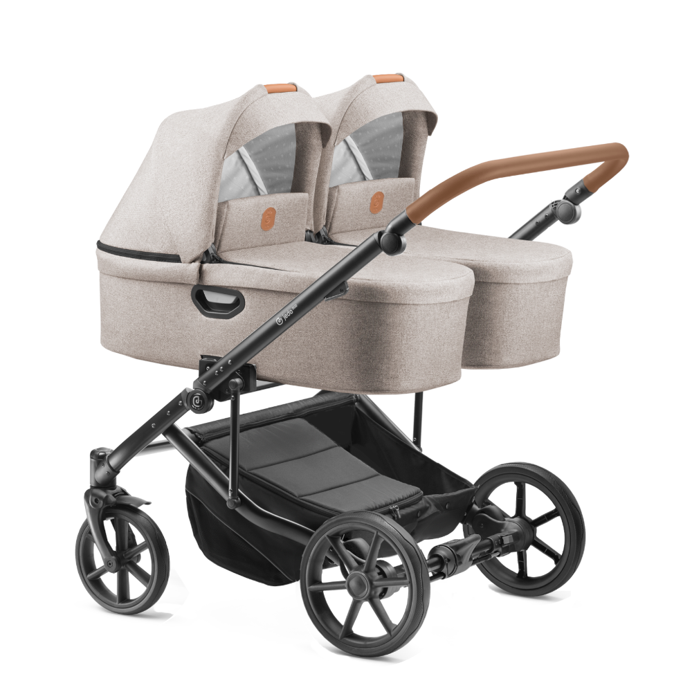 Carucior pentru gemeni 2 in 1 Jedo Duo Bej, side-by-side, reversibil, cadru de aluminiu, latime 80 cm
