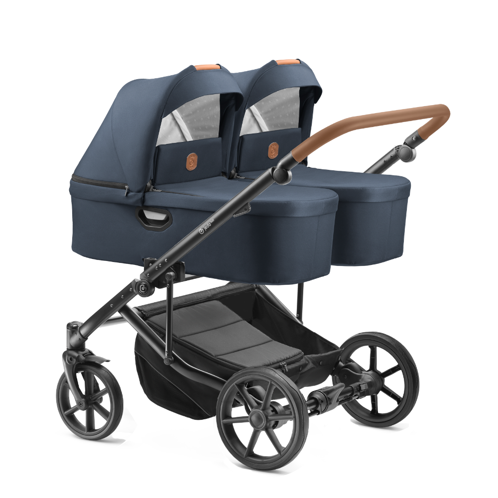 Carucior pentru gemeni 2 in 1 Jedo Duo Bluemarine, side-by-side, reversibil, cadru de aluminiu, latime 80 cm
