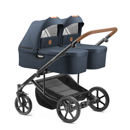 Carucior pentru gemeni 2 in 1 Jedo Duo Bluemarine, side-by-side, reversibil, cadru de aluminiu, latime 80 cm