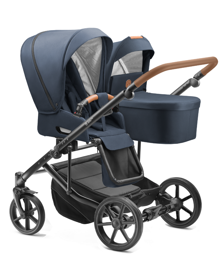 Carucior pentru gemeni 2 in 1 Jedo Duo Bluemarine, side-by-side, reversibil, cadru de aluminiu, latime 80 cm