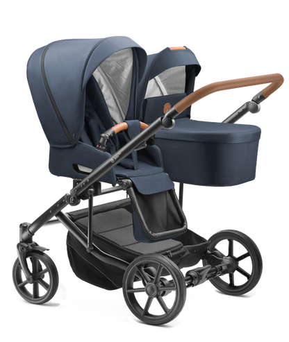 Carucior pentru gemeni 2 in 1 Jedo Duo Bluemarine, side-by-side, reversibil, cadru de aluminiu, latime 80 cm