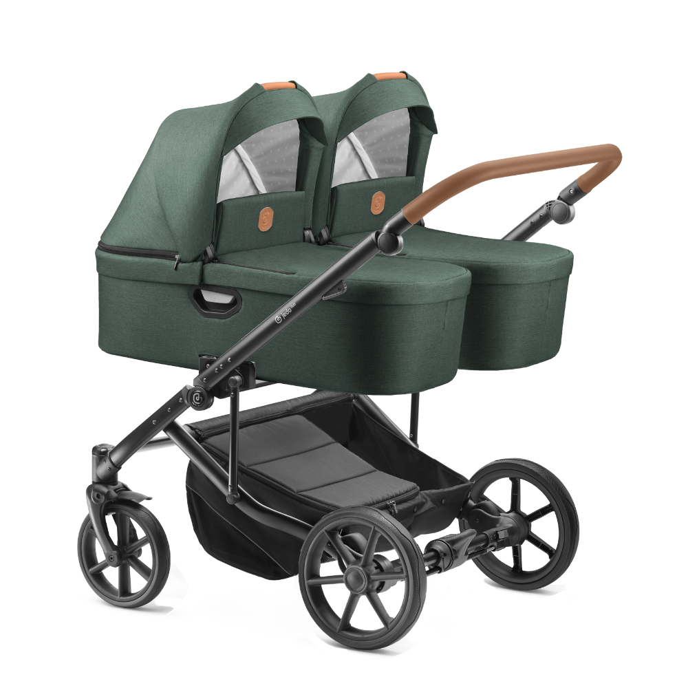 Carucior pentru gemeni 2 in 1 Jedo Duo Verde, side-by-side, reversibil, cadru de aluminiu, latime 80 cm