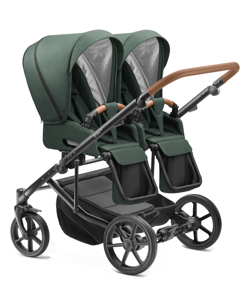 Carucior pentru gemeni 2 in 1 Jedo Duo Verde, side-by-side, reversibil, cadru de aluminiu, latime 80 cm