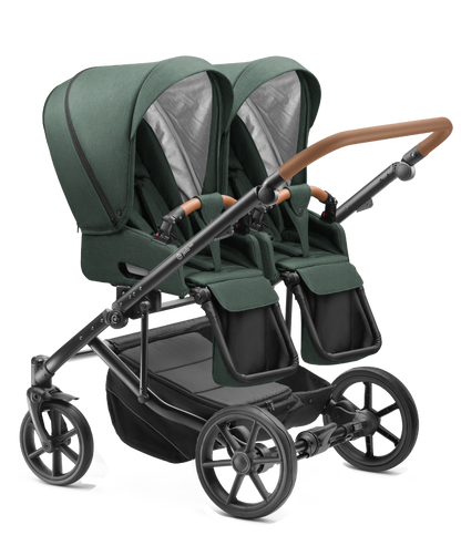 Carucior pentru gemeni 2 in 1 Jedo Duo Verde, side-by-side, reversibil, cadru de aluminiu, latime 80 cm