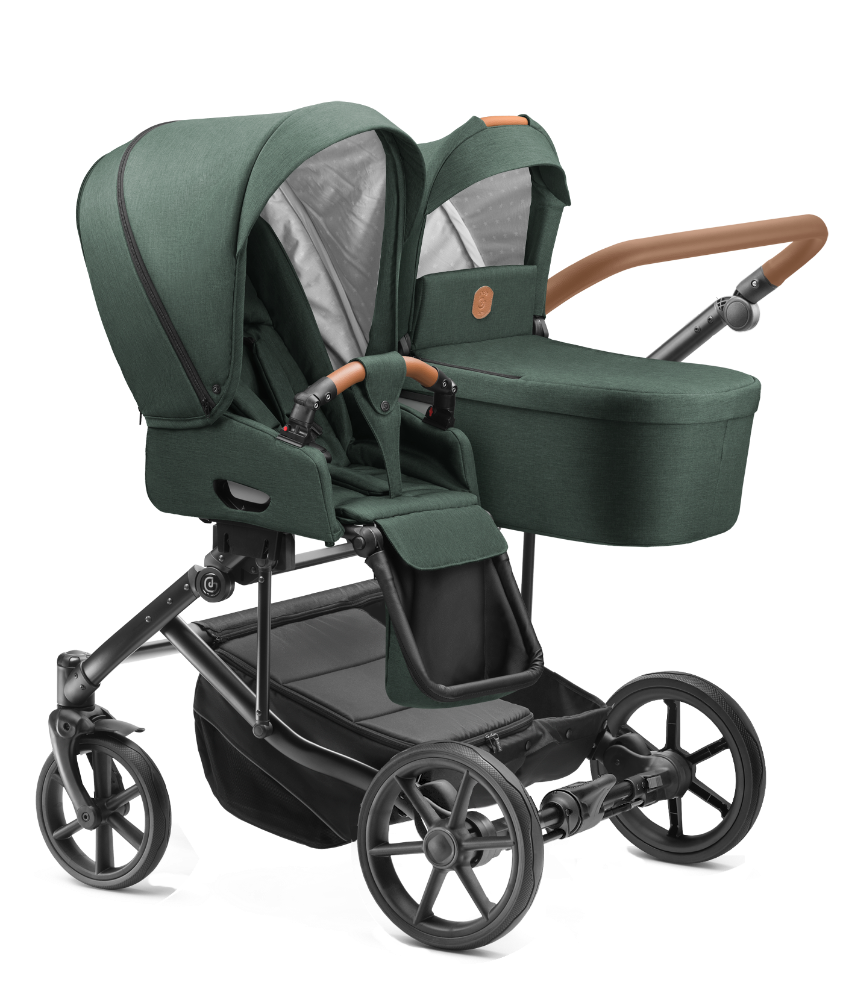 Carucior pentru gemeni 2 in 1 Jedo Duo Verde, side-by-side, reversibil, cadru de aluminiu, latime 80 cm