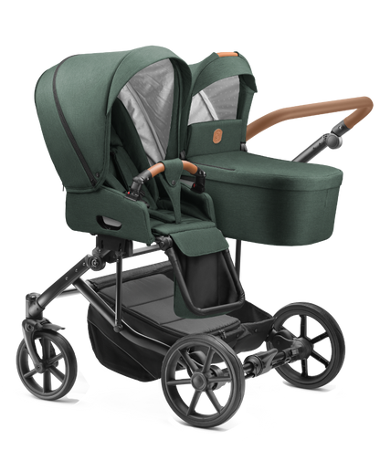 Carucior pentru gemeni 2 in 1 Jedo Duo Verde, side-by-side, reversibil, cadru de aluminiu, latime 80 cm