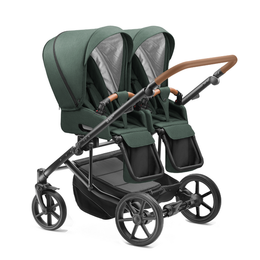 Carucior pentru gemeni Jedo Duo Modular Verde/Cognac reversibil cadru de aluminiu latime 80 cm carucior-gemeni