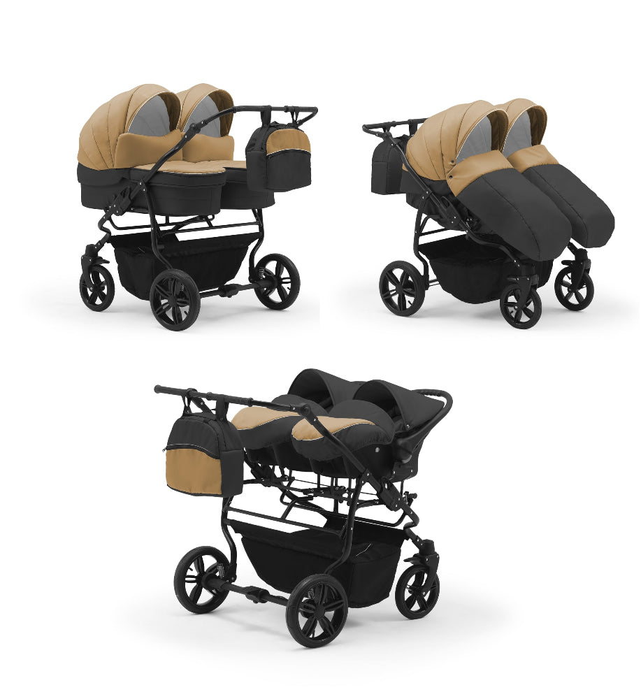 Carucior pentru gemeni Nativo Gemini 3 in 1 Bej-Grafit/Negru (12b), latime 87 cm, reversibil, roti gonflabile