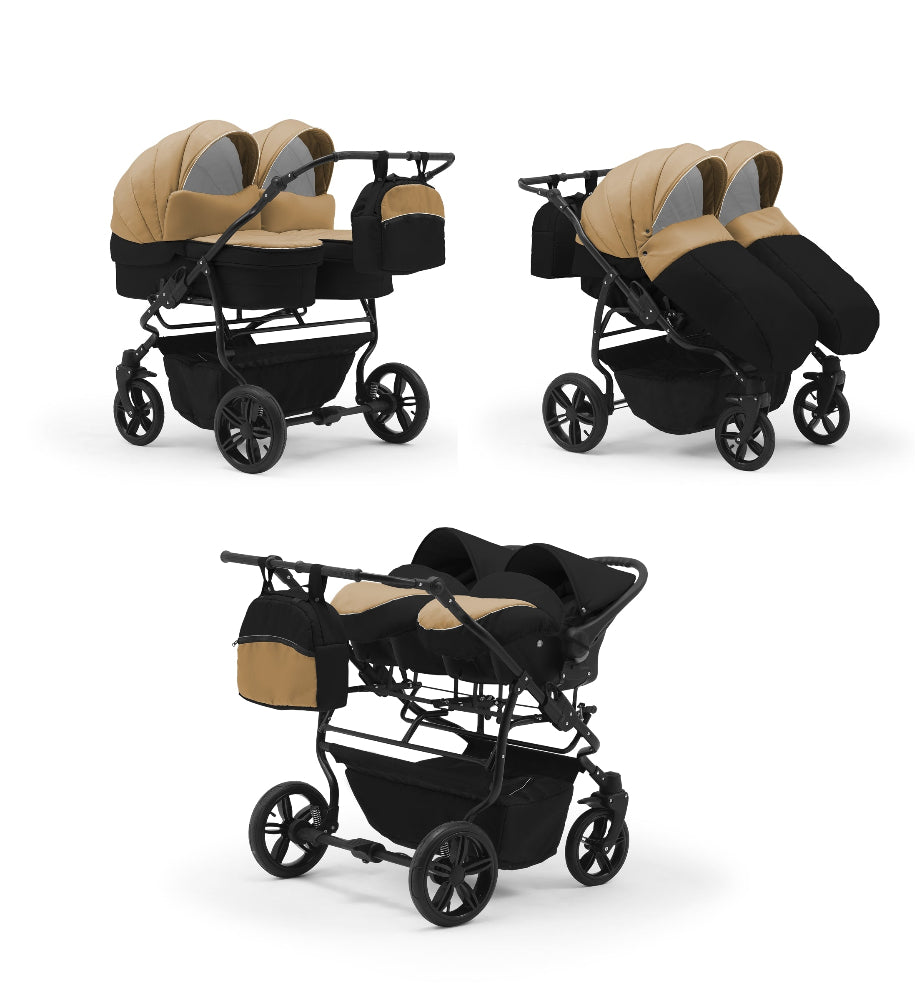 Carucior pentru gemeni Nativo Gemini 3 in 1 Bej-Negru/Negru (11b), latime 87 cm, reversibil, roti gonflabile