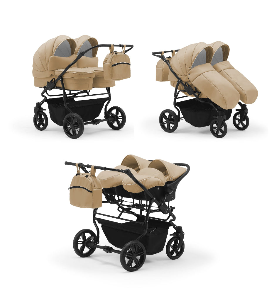 Carucior pentru gemeni Nativo Gemini 3 in 1 Bej/Negru (23b), latime 87 cm, reversibil, roti gonflabile