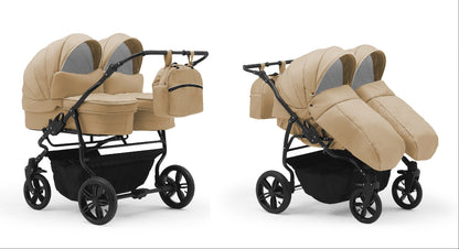 Carucior pentru gemeni Nativo Gemini 3 in 1 Bej/Negru (23b), latime 87 cm, reversibil, roti gonflabile