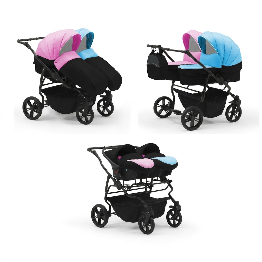 Carucior pentru gemeni Nativo Gemini 3 in 1 Boy+Girl/Negru (100b), latime 87 cm, reversibil, roti gonflabile