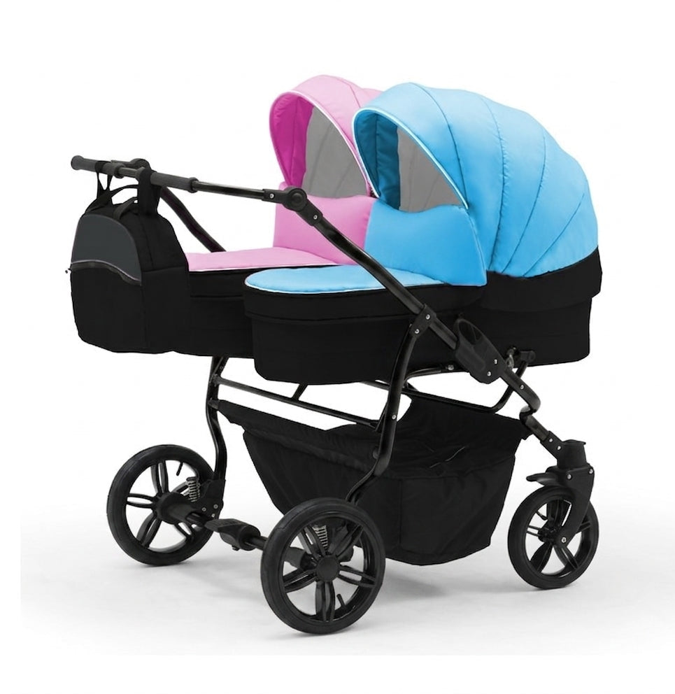 Carucior pentru gemeni Nativo Gemini 3 in 1 Boy+Girl/Negru (100b), latime 87 cm, reversibil, roti gonflabile