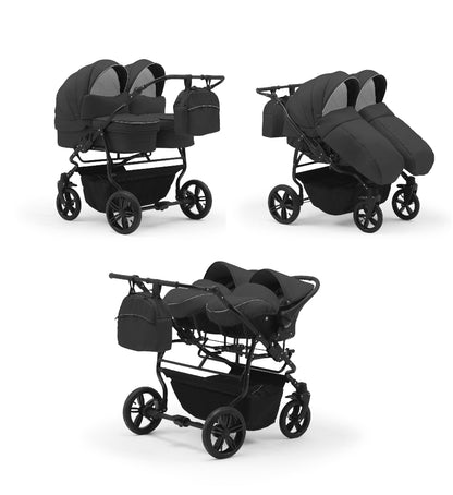 Carucior pentru gemeni Nativo Gemini 3 in 1 Grafit/Negru (13b), latime 87 cm, reversibil, roti gonflabile