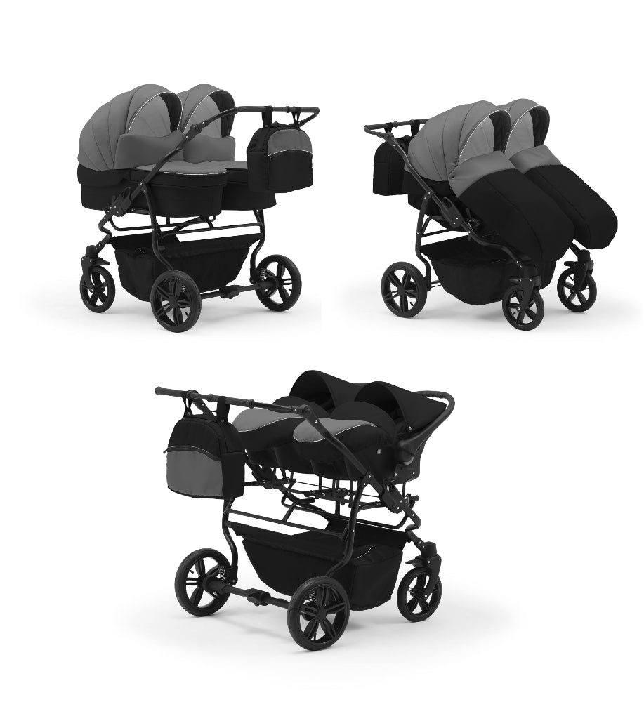 Carucior pentru gemeni Nativo Gemini 3 in 1 Gri-Negru/Negru (07b), latime 87 cm, reversibil, roti gonflabile