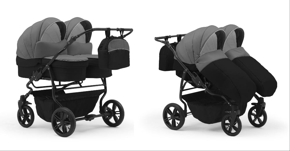 Carucior pentru gemeni Nativo Gemini 3 in 1 Gri-Negru/Negru (07b), latime 87 cm, reversibil, roti gonflabile