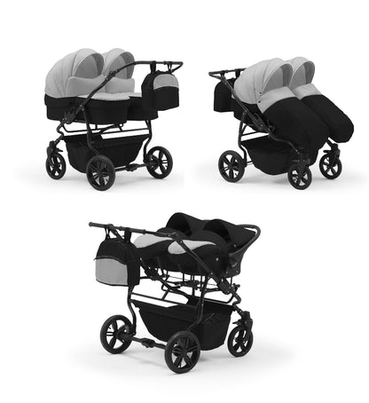 Carucior pentru gemeni Nativo Gemini 3 in 1 Gri deschis-Negru/Negru (08b), latime 87 cm, reversibil, roti gonflabile