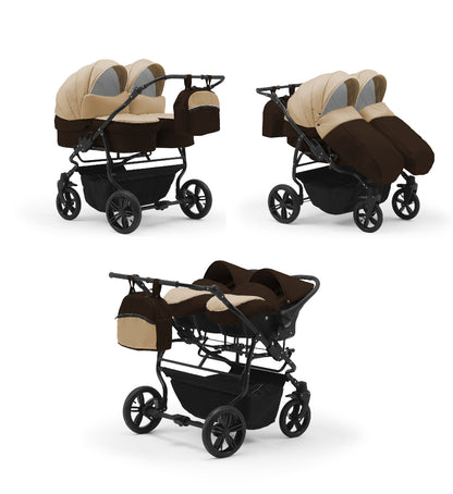 Carucior pentru gemeni Nativo Gemini 3 in 1 Maro-Bej/Negru (05b), latime 87 cm, reversibil, roti gonflabile