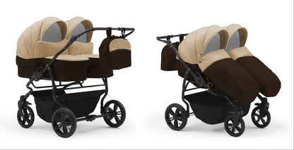 Carucior pentru gemeni Nativo Gemini 3 in 1 Maro-Bej/Negru (05b), latime 87 cm, reversibil, roti gonflabile