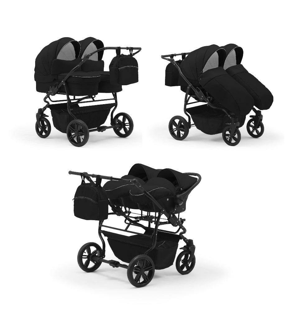 Carucior pentru gemeni Nativo Gemini 3 in 1 Negru-Alb/Negru (18b), latime 87 cm, reversibil, roti gonflabile