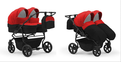 Carucior pentru gemeni Nativo Gemini 3 in 1 Rosu-Negru/Negru (3b), latime 87 cm, reversibil, roti gonflabile