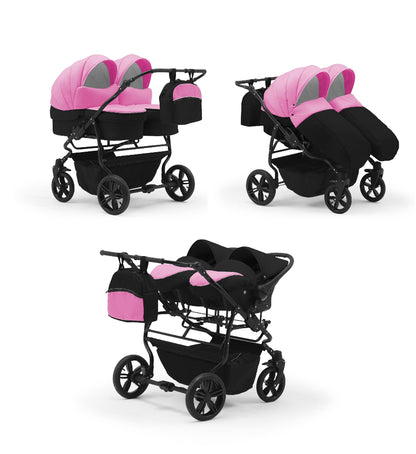 Carucior pentru gemeni Nativo Gemini 3 in 1 Roz-Negru/Negru (09b), latime 87 cm, reversibil, roti gonflabile