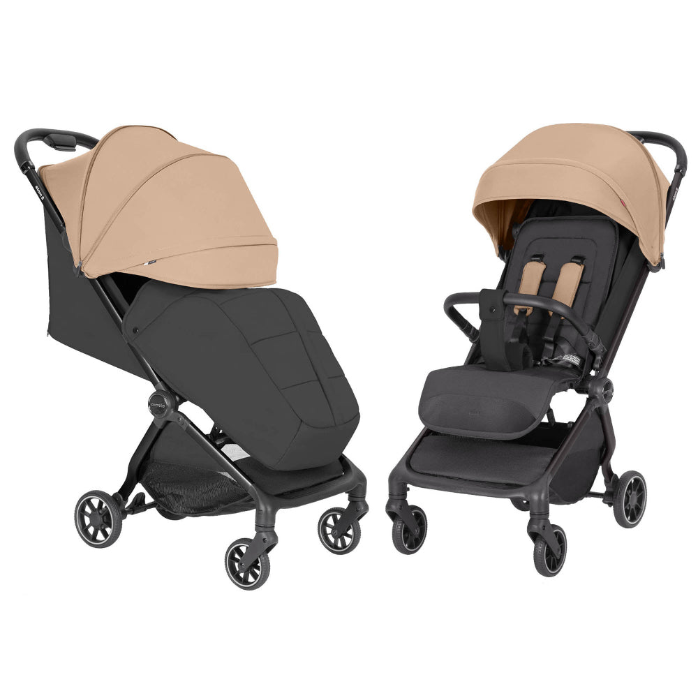 Carucior sport compact Carrello Atom S 2.0 Evening Beige, CRL-5526, bagaj de mana in avion, roti de cauciuc, pliere automata, max. 22 kg, protectie SPF 50/UPF 50+