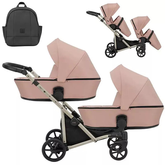 Cochecito para gemelos Kunert Brav Duo 2 en 1 Rosa/chasis Champagne