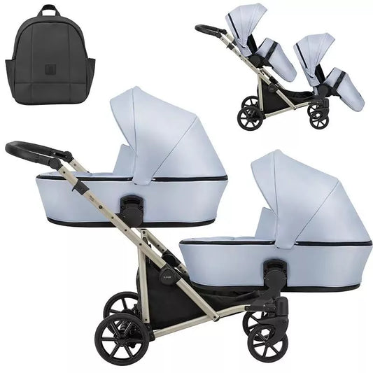 Cochecito gemelar Kunert Brav Duo 2 en 1, cuero ecológico, Baby Blue/chasis Champagne