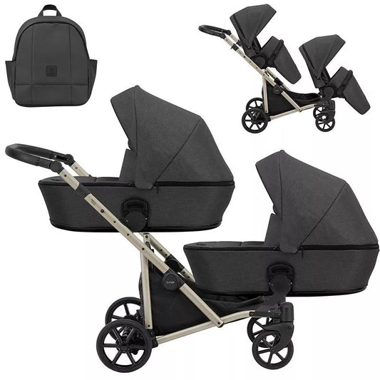 Cochecito gemelar Kunert Brav Duo 2 en 1 Grafito/chasis Champagne