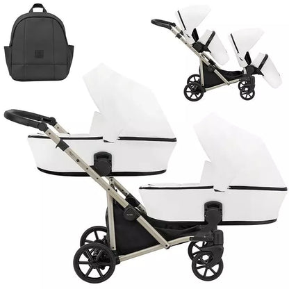 Cochecito gemelar Kunert Brav Duo 2 en 1, cuero ecológico, Blanco/chasis Champagne