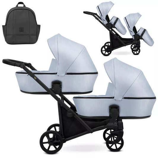 Cochecito para gemelos Kunert Brav Duo 2 en 1, piel sintética, Baby Blue/chasis Negro