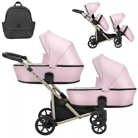 Cochecito para gemelos Kunert Brav Duo 2 en 1, cuero ecológico, rosa bebé/chasis champán