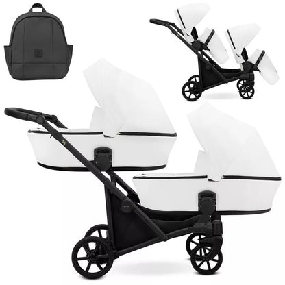 Cochecito gemelar Kunert Brav Duo 2 en 1, cuero ecológico, Blanco/chasis Negro