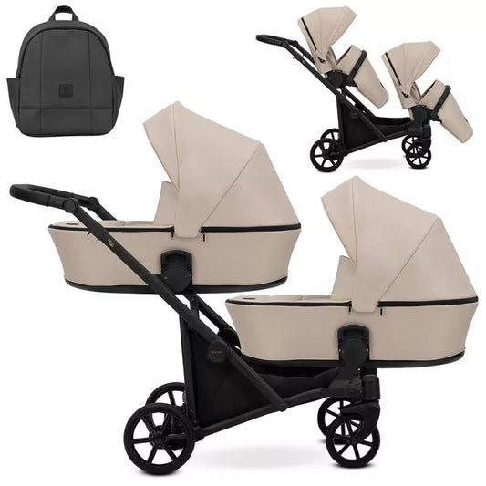 Cochecito para gemelos Kunert Brav Duo 2 en 1 Crema/chasis Negro