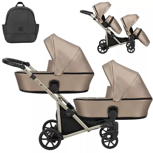 Cochecito gemelar Kunert Brav Duo 2 en 1, cuero ecológico, Capuchino/estructura Champaña