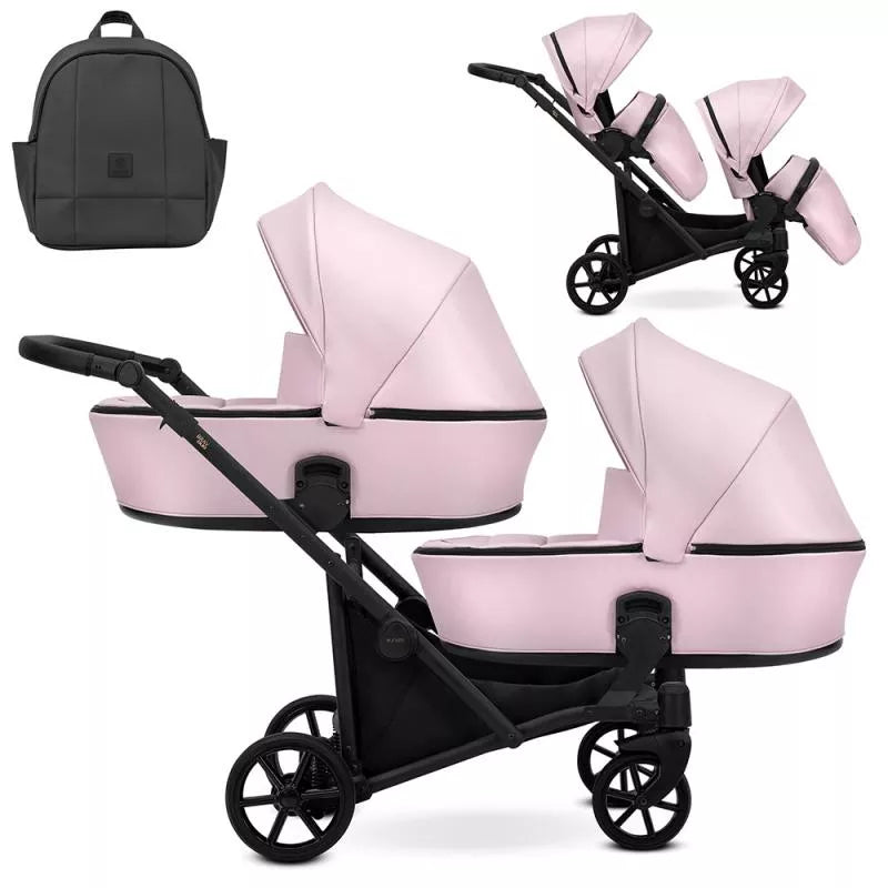 Cochecito gemelar Kunert Brav Duo 2 en 1, cuero ecológico, Rosa Bebé/chasis Negro